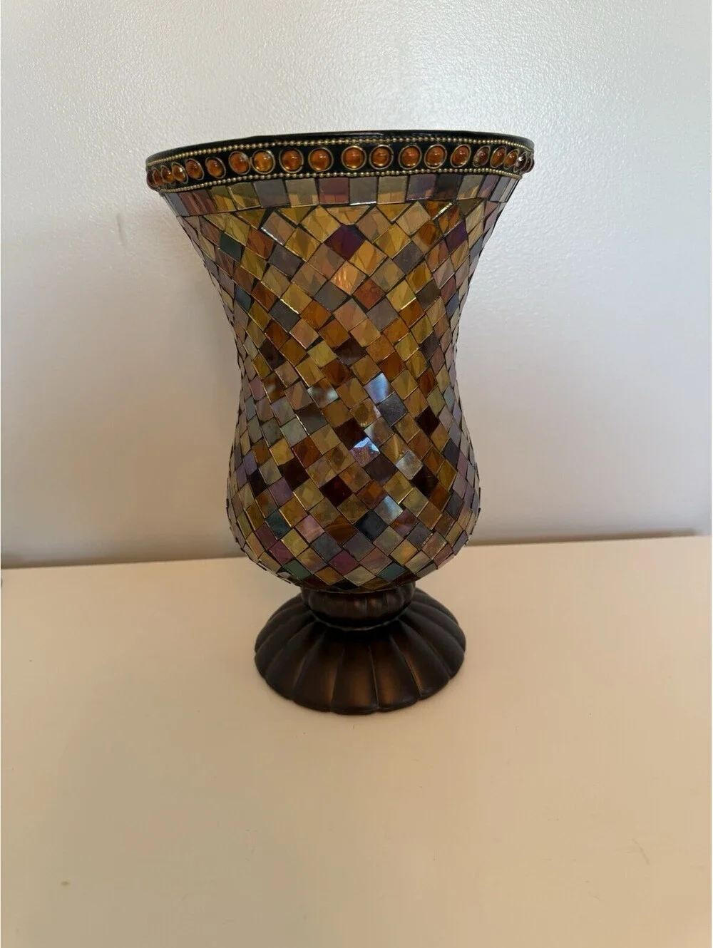 Partylite GLOBAL FUSION Hurricane Mosaic Glass Candle Holder 12” Tall EUC P8366